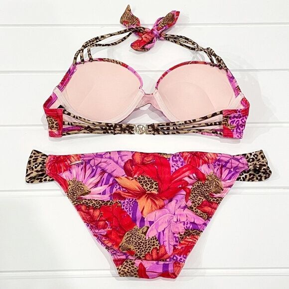 Victoria’s Secret Swim RARE Tropical Bombshell Bikini Set Red/Pink Leopard  32B/ - Picture 3 of 13